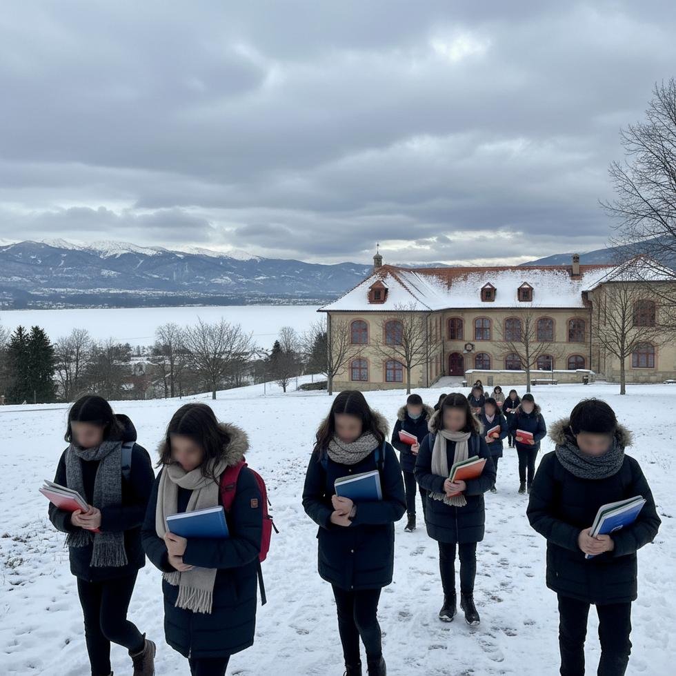 Öğrenciler okul binasının önünde kış mevsiminde yürürken