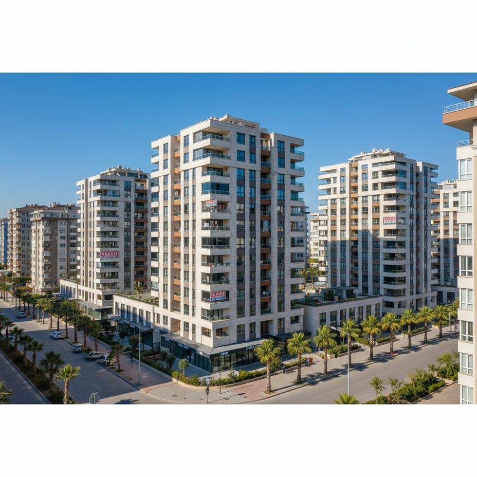 Turkey urban apartment buildings with rental signs