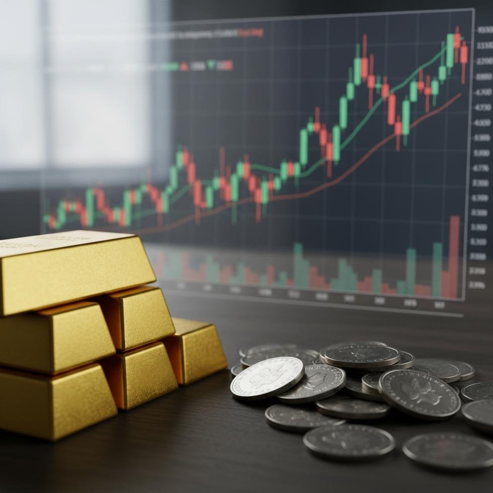 Gold bars, silver coins and stock market charts representing 2026 investment markets