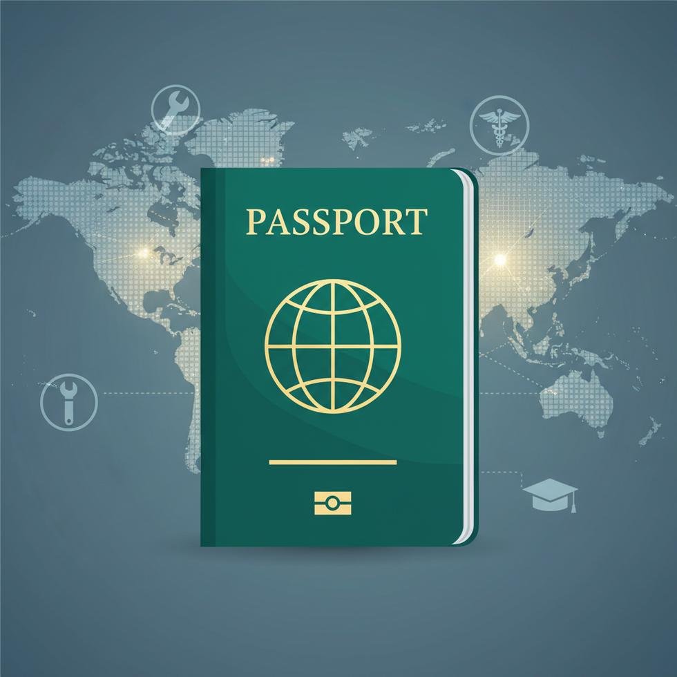 Yeşil pasaport ve dünya haritası arka planında bir illüstrasyon