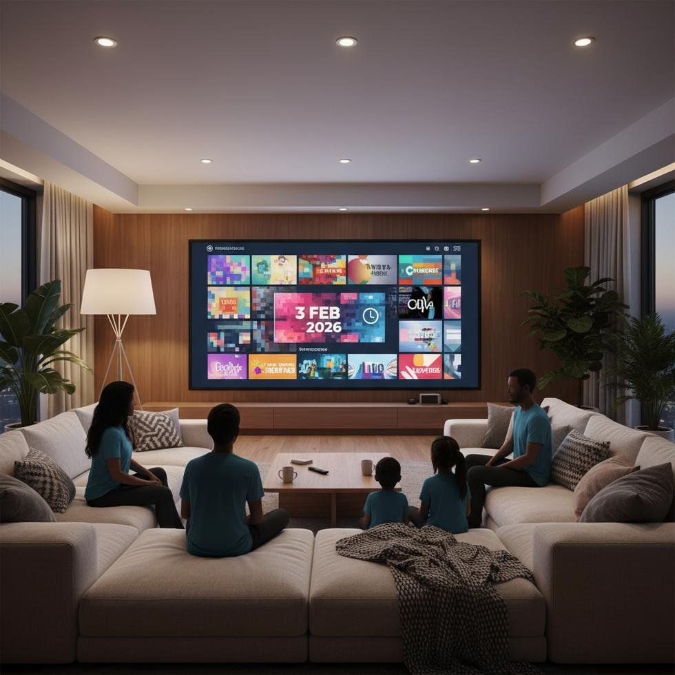 A family watching various TV channels in a cozy living room