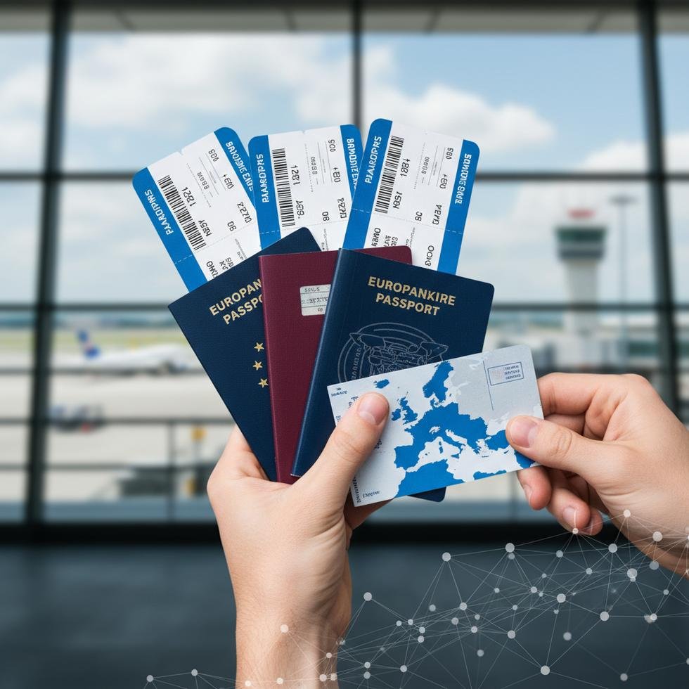 Kişiler pasaportları ve biniş kartları ile uluslararası havalimanında