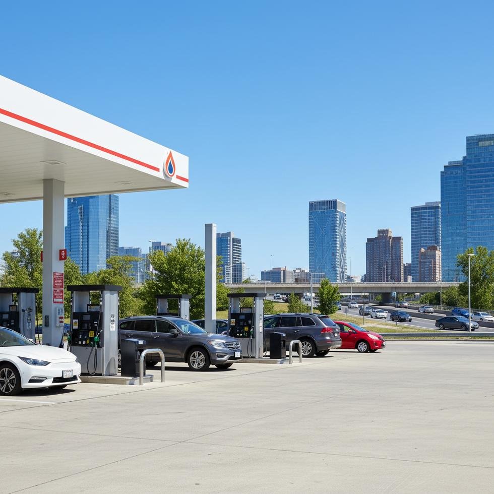 Petrol istasyonunda benzin ve motorin pompaları, şehir manzarasıyla