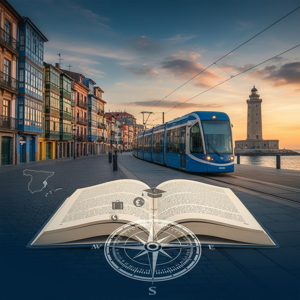 A Coruña şehrinin sahil ve tarihi yapılarının panoramik görünümü