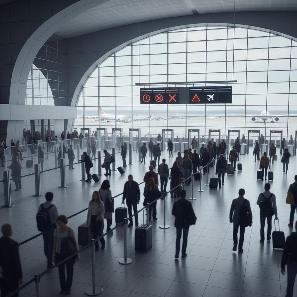 Havaalanında güvenlik kontrolü sırasında bekleyen yolcular