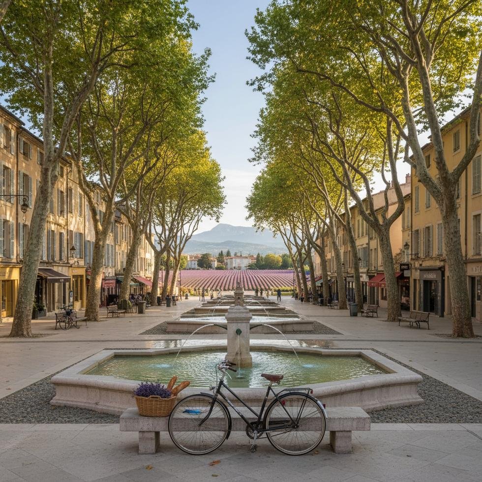 Aix-en-Provence şehrinden fıskiyeli meydan ve taş sokak manzarası