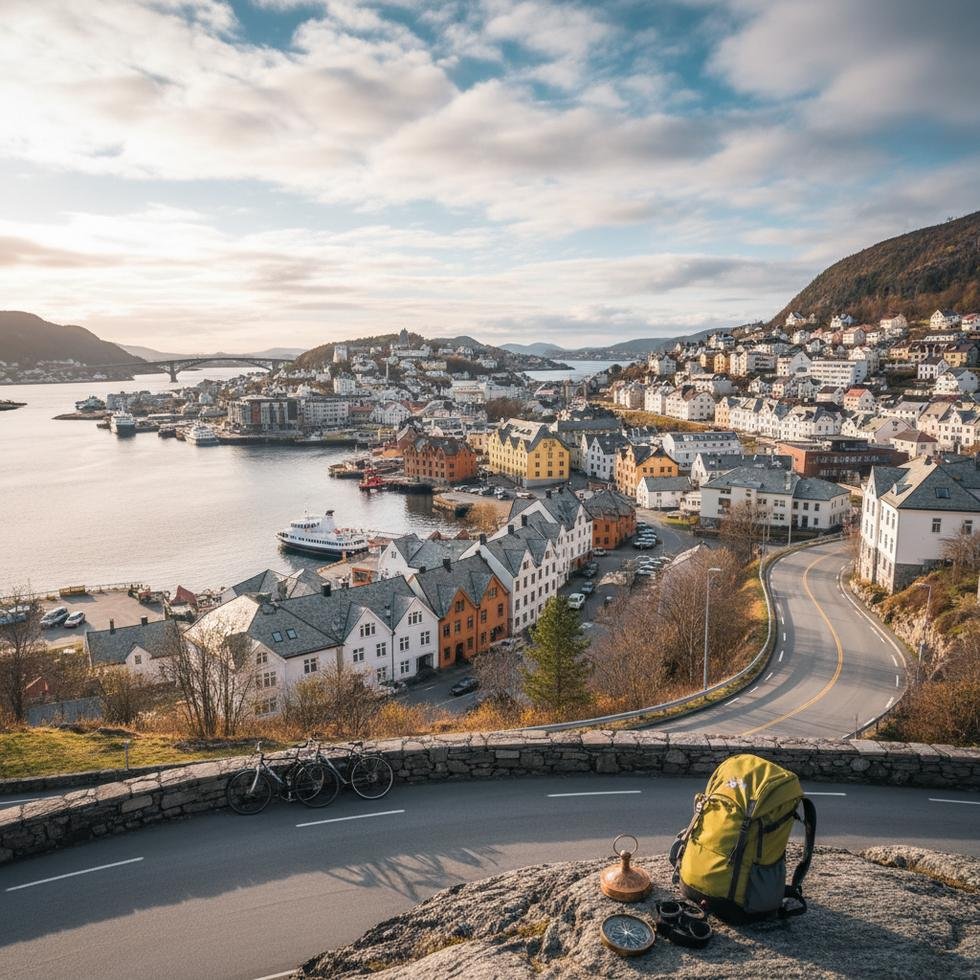 Ålesund şehrinde Art Nouveau mimarisi ve fiyort manzarası