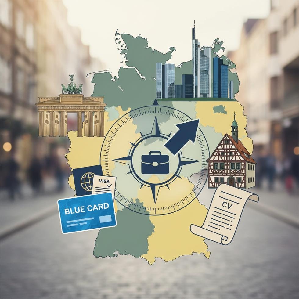 Almanya'da iş bulma rehberi kapsamında Blue Card, vize ve CV hazırlama ipuçları sunan içerik görseli