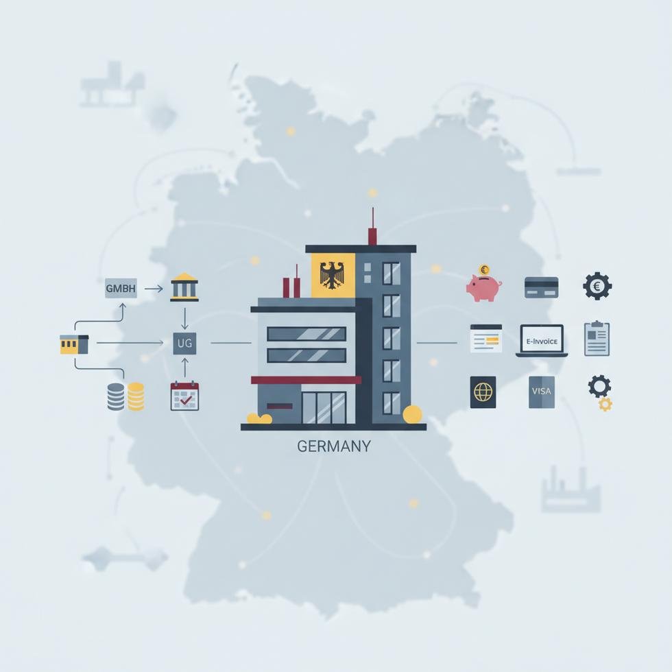 Almanya'da şirket kuruluş sürecini gösteren bilgilendirici tablo ve belgeler