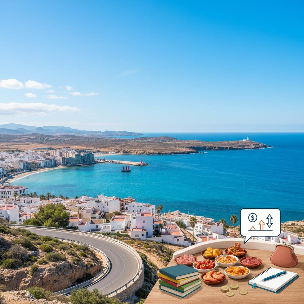 Almería şehrinin tarihi kalesi ve sahil manzarası