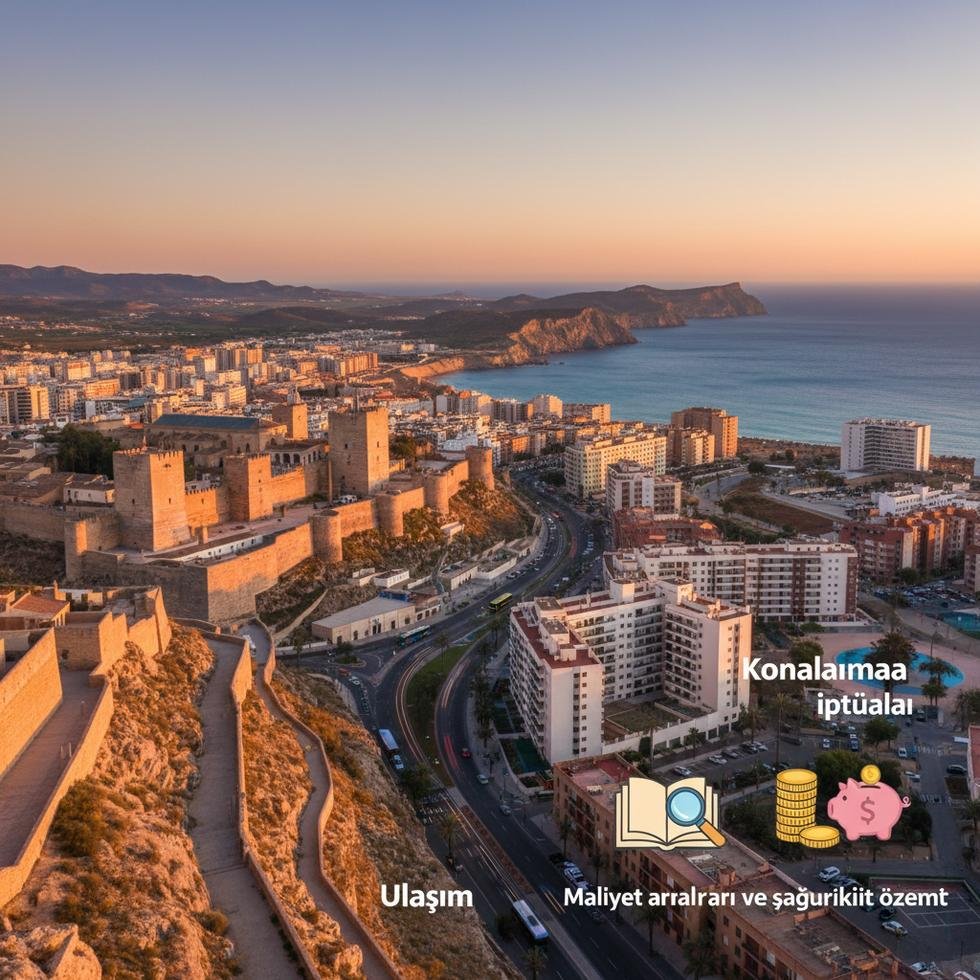 Almería şehrinde sahil, kale ve şehir manzaraları