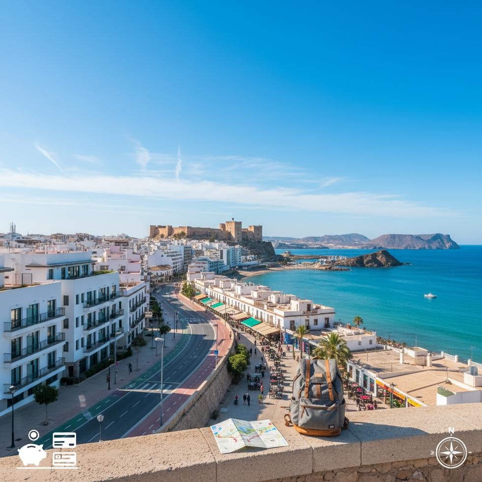 Almería şehrinin kıyı manzarası ve tarihi yapıları