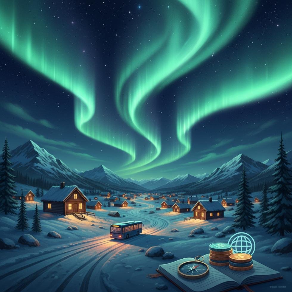 Alta şehri ve üzerinde görülen Kuzey Işıkları görüntüsü