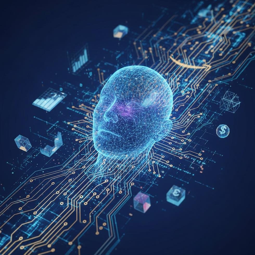 Yapay zeka ve teknoloji konsepti, dijital devreler ve insan yüzü görseli