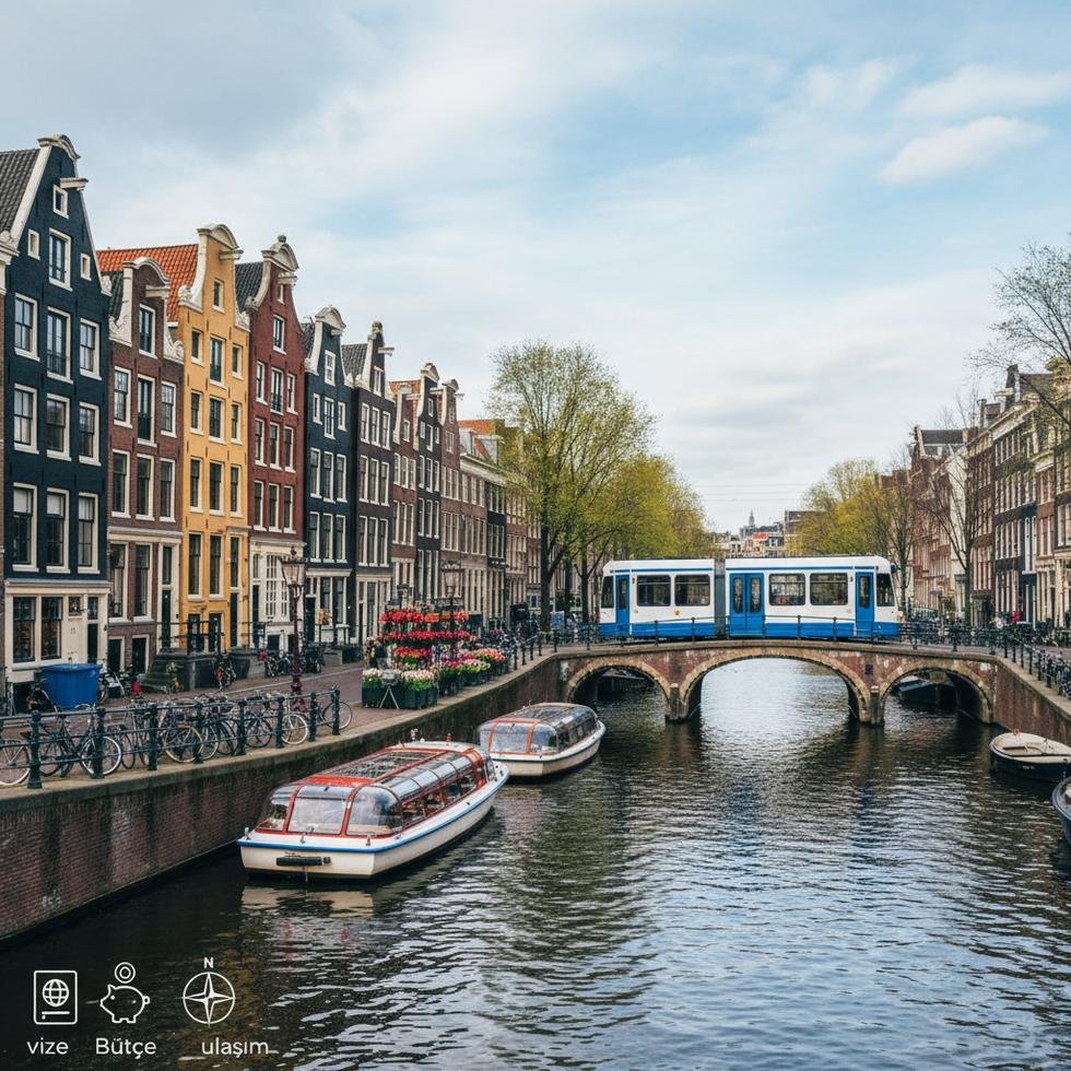 Amsterdam şehir manzarası ve kanalları