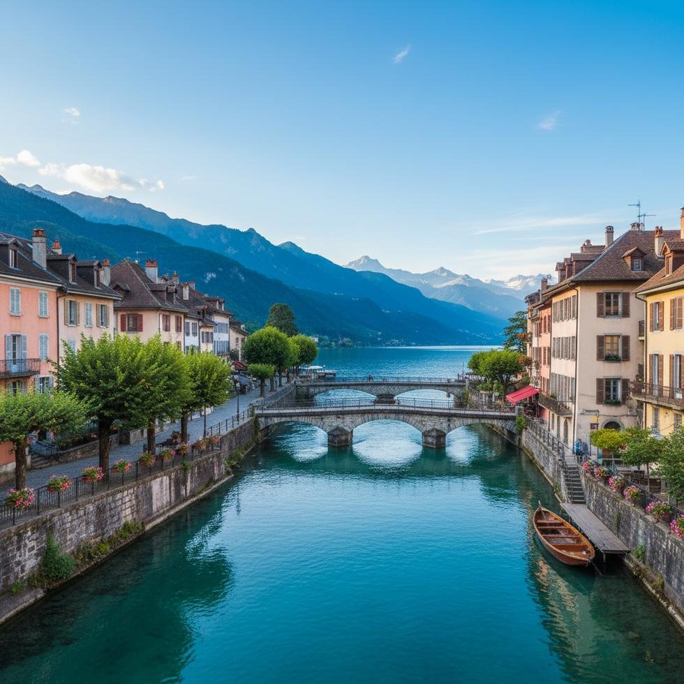 Annecy şehrinden göl ve Alp manzarası