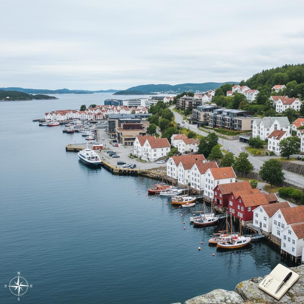 Arendal sahilinde beyaz ahşap evler ve liman görüntüsü