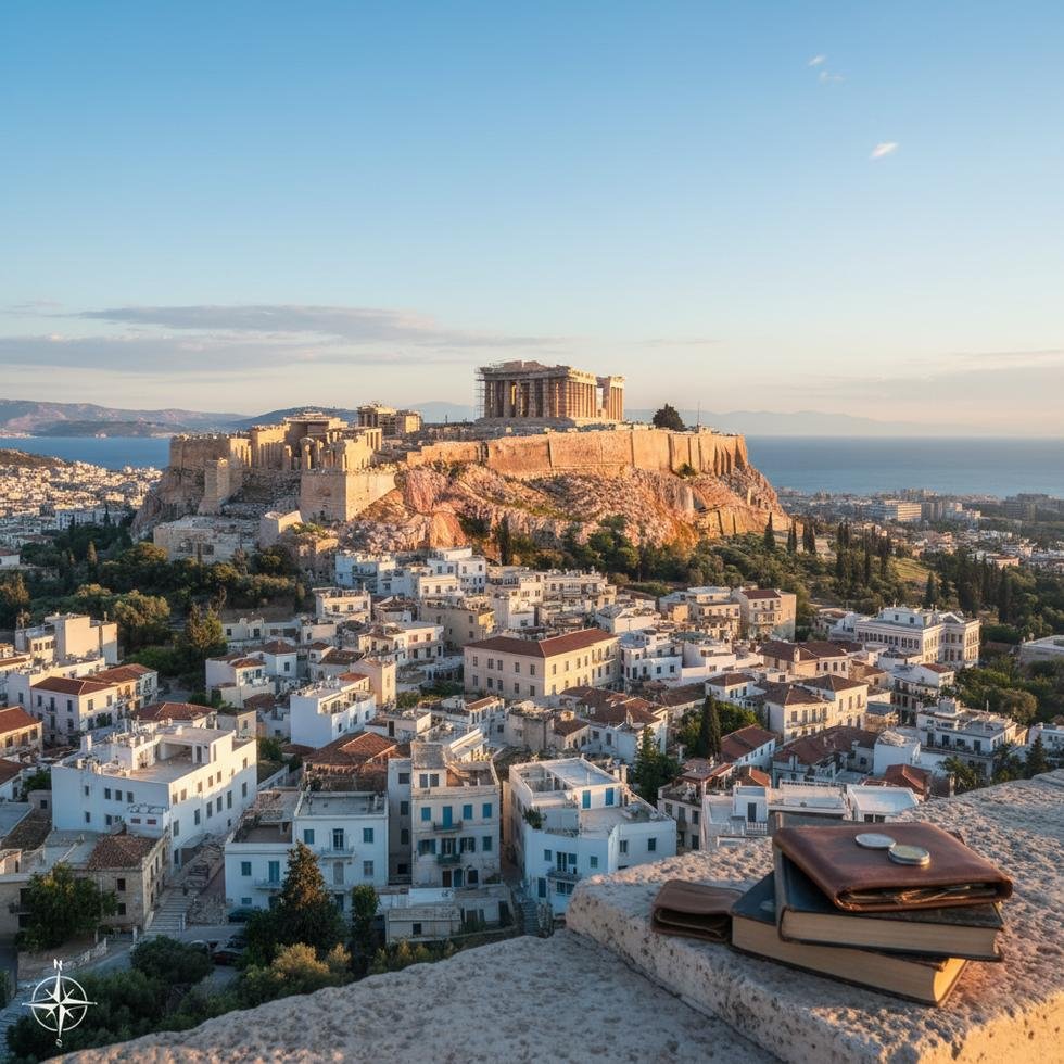 Atina şehir manzarası ve Akropolis antik kalıntıları