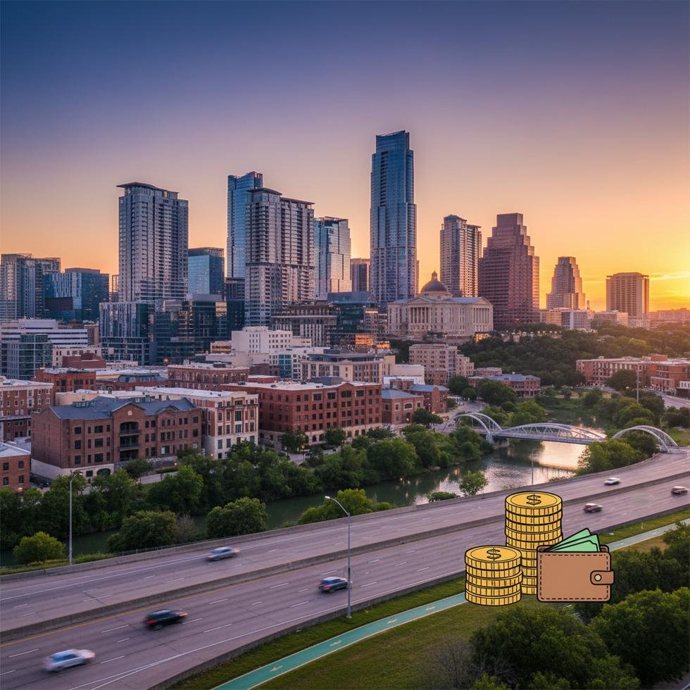 Austin şehir merkezinde gün batımı ve nehir manzarası