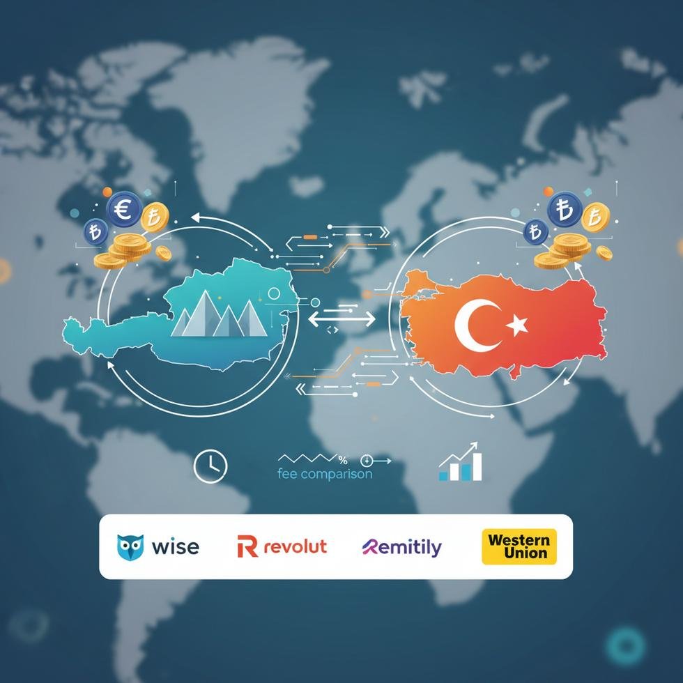 Avusturya'dan Türkiye'ye para gönderme işlemini gösteren harita ve para simgeleri