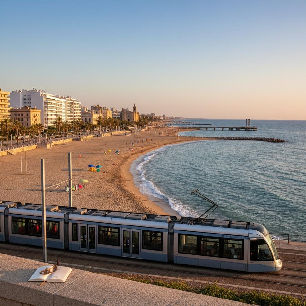 Badalona sahilinde yürüyüş yapan insanlar, deniz ve plaj görüntüsü