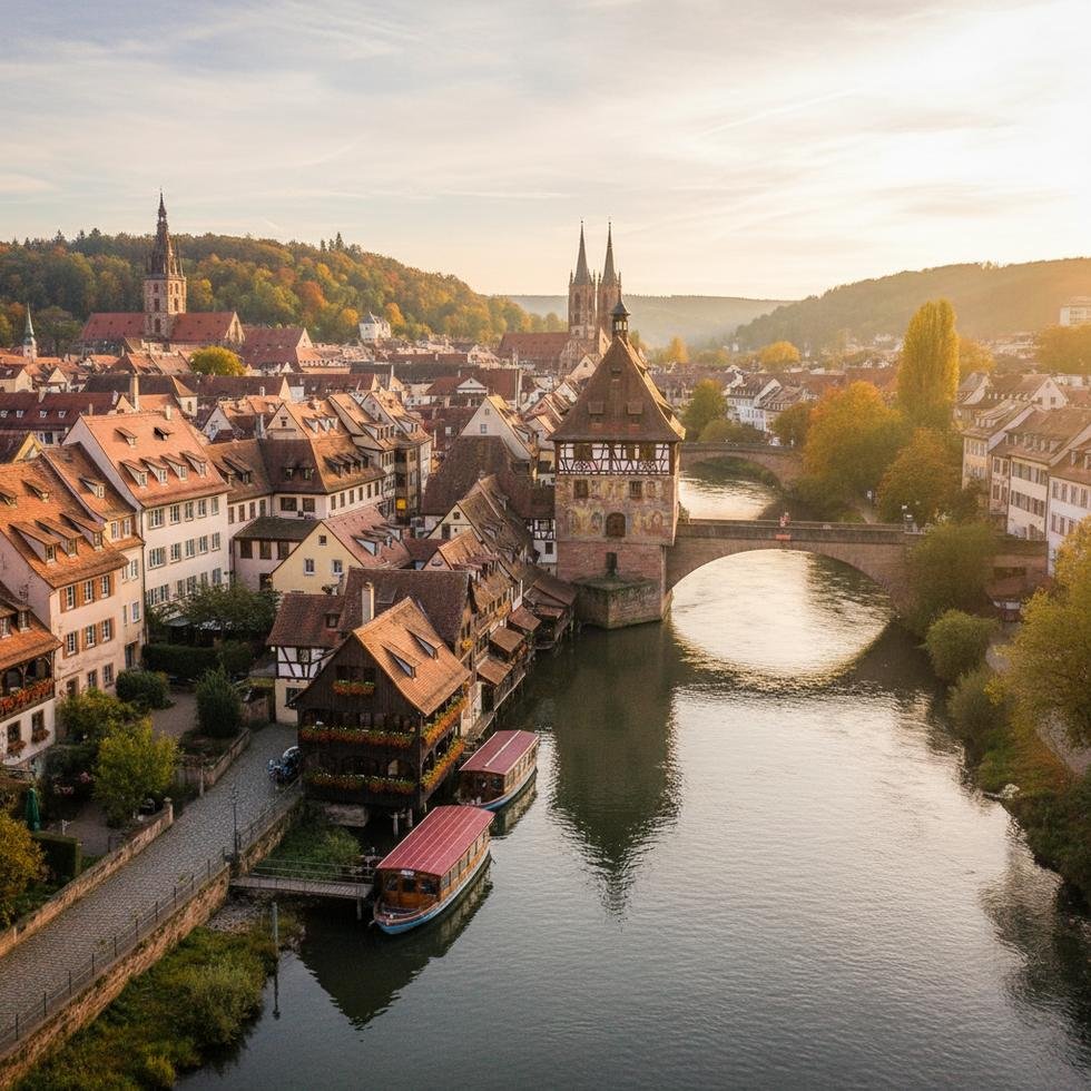 Bamberg şehrinde nehir kıyısında tarihi taş köprü ve yarı ahşap evler