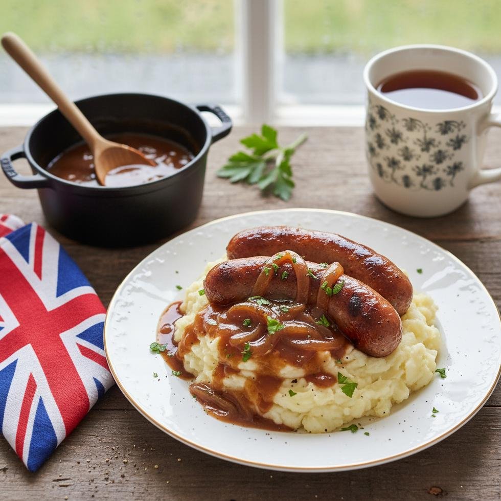 Bangers and Mash yemeği, sosis ve patates püresi tabakta servis edilmiş