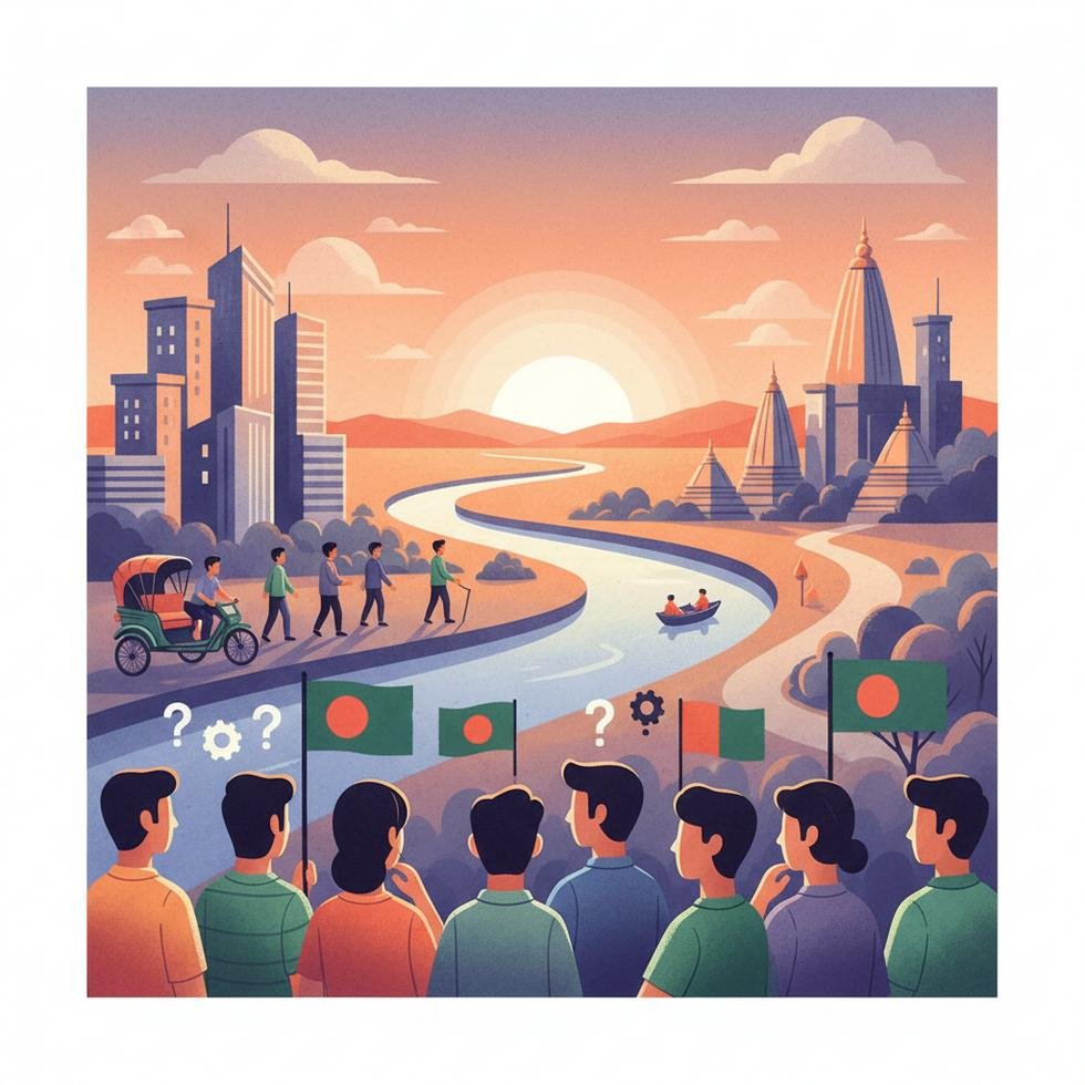 Bangladeşli gençler, arka planda şehir manzarasıyla birlikte