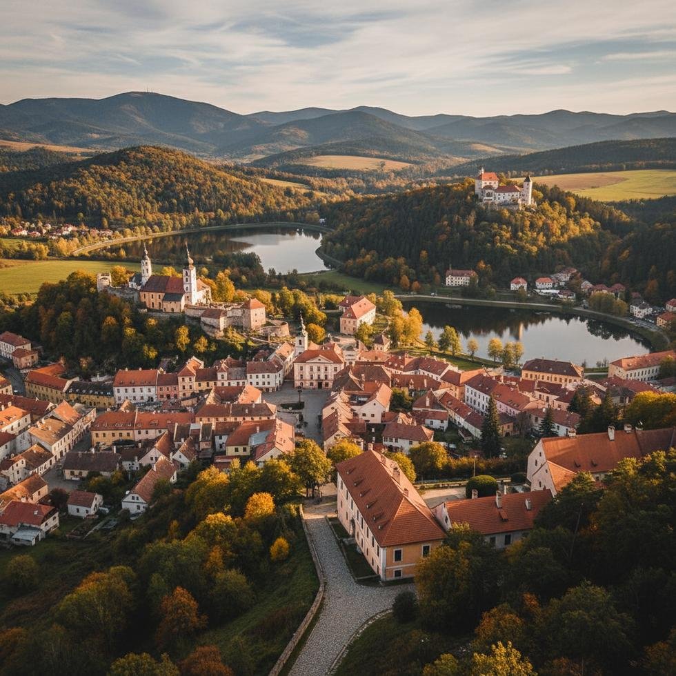Banská Štiavnica tarihi şehir manzarası ve göletler