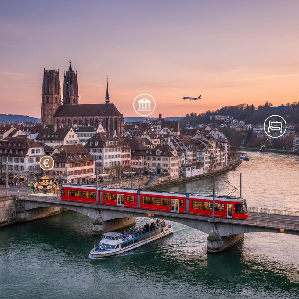 Basel şehrinde Ren Nehri kıyısında tarihi ve kültürel alanlar