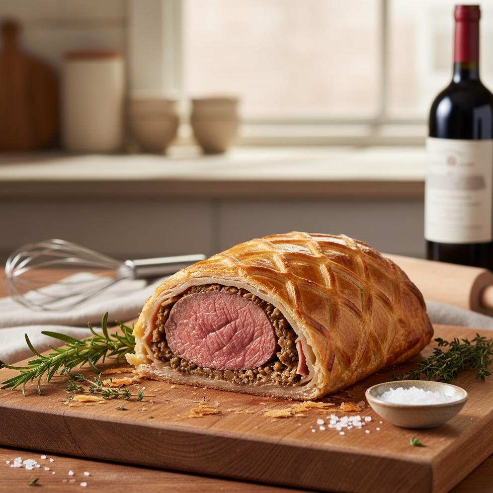 Beef Wellington pişirme ve servis görüntüsü