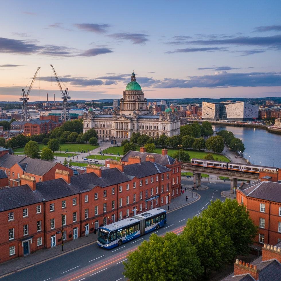 Belfast şehri, tarihi yapılar ve modern ulaşım araçları