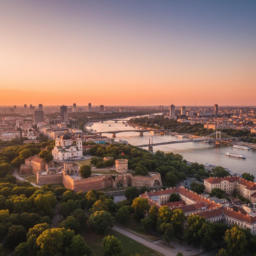 Belgrad şehir manzarası ve nehir kıyısı görüntüsü