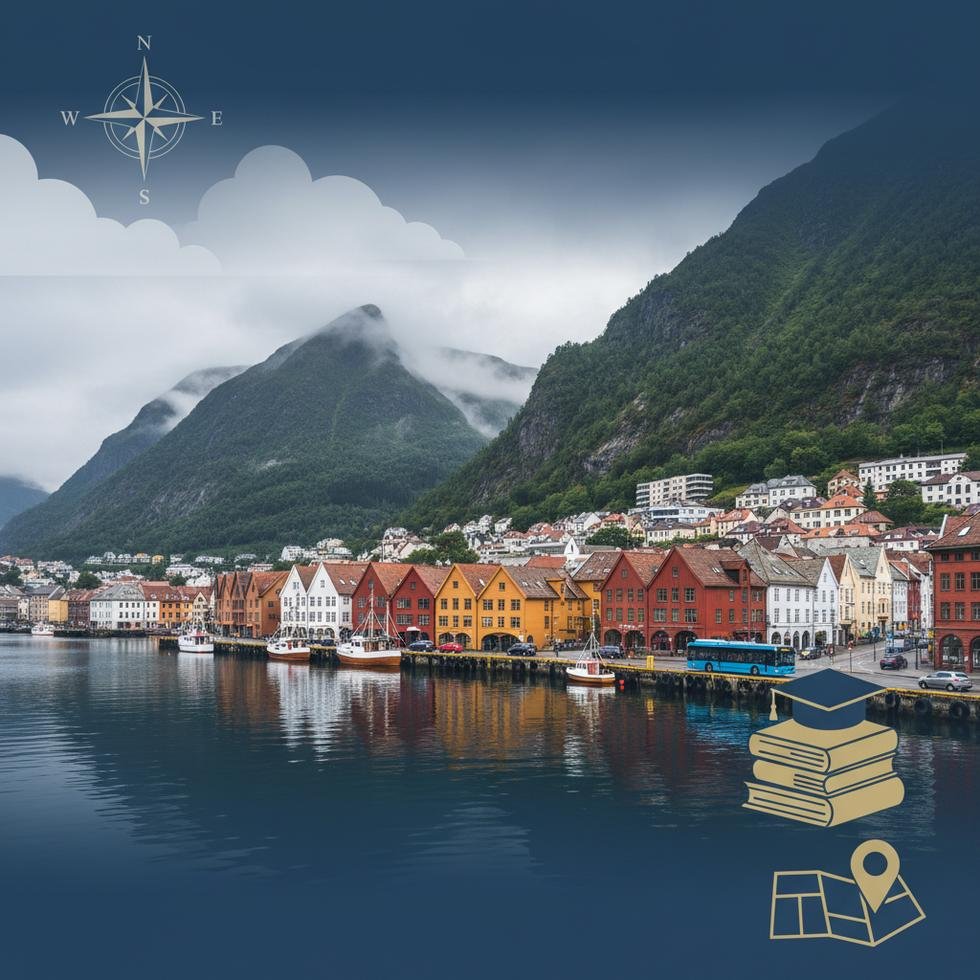 Norveç Bergen şehrinin panoramik şehir ve fiyort manzarası