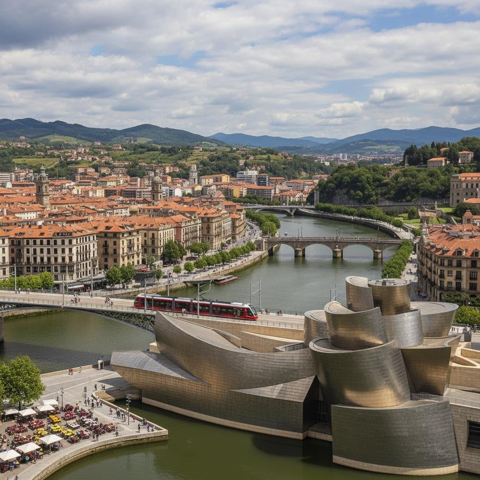 Bilbao şehrinin nehir kıyısından panoramik görünümü