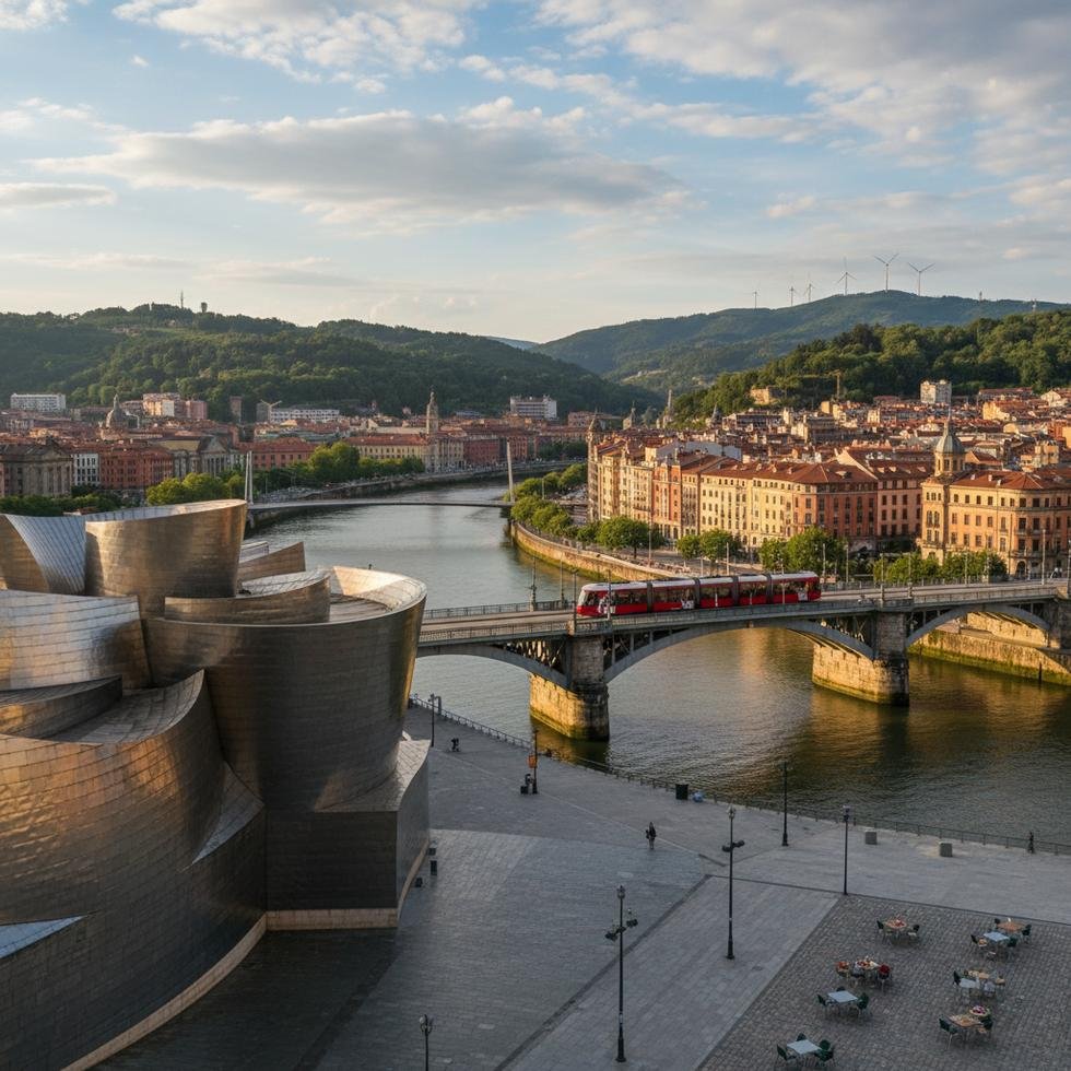 Bilbao şehrinin modern ve tarihi yapılarından manzara