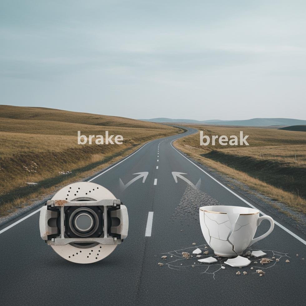 Brake ve break kelimelerinin yazım ve kullanım farklarını gösteren eğitim görseli