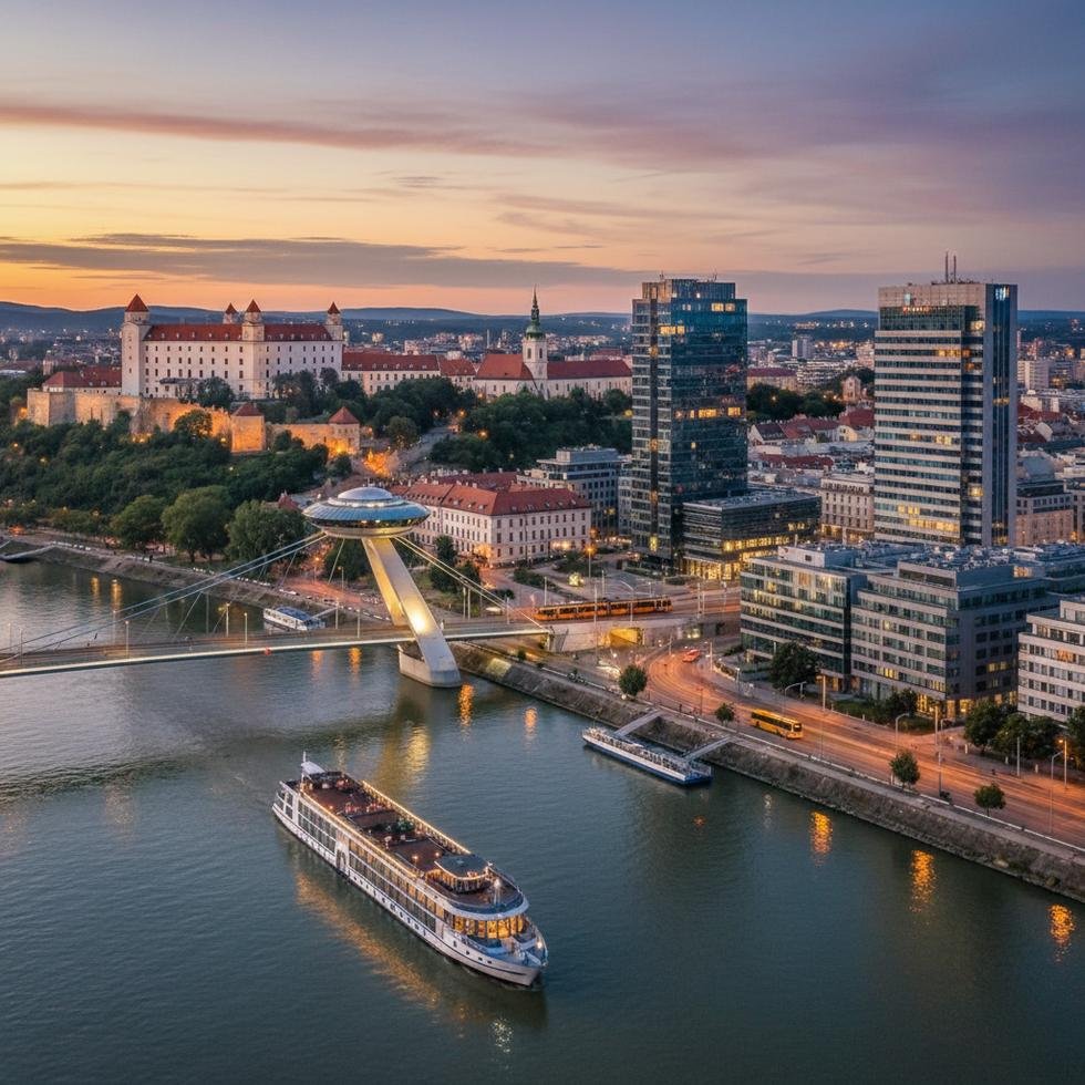 Bratislava şehrinin güneşli panoramik manzarası ve Tuna Nehri