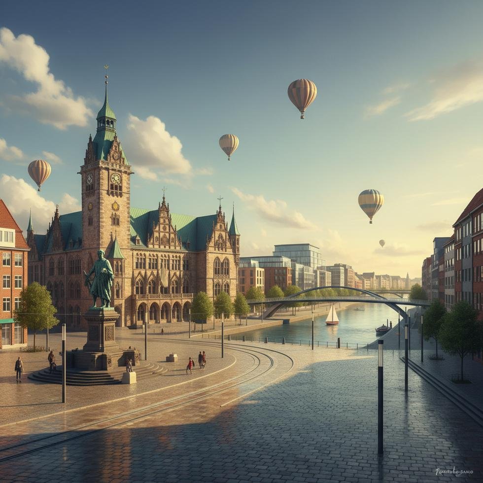 Bremen şehir merkezinde tarihi binalar ve nehir manzarası