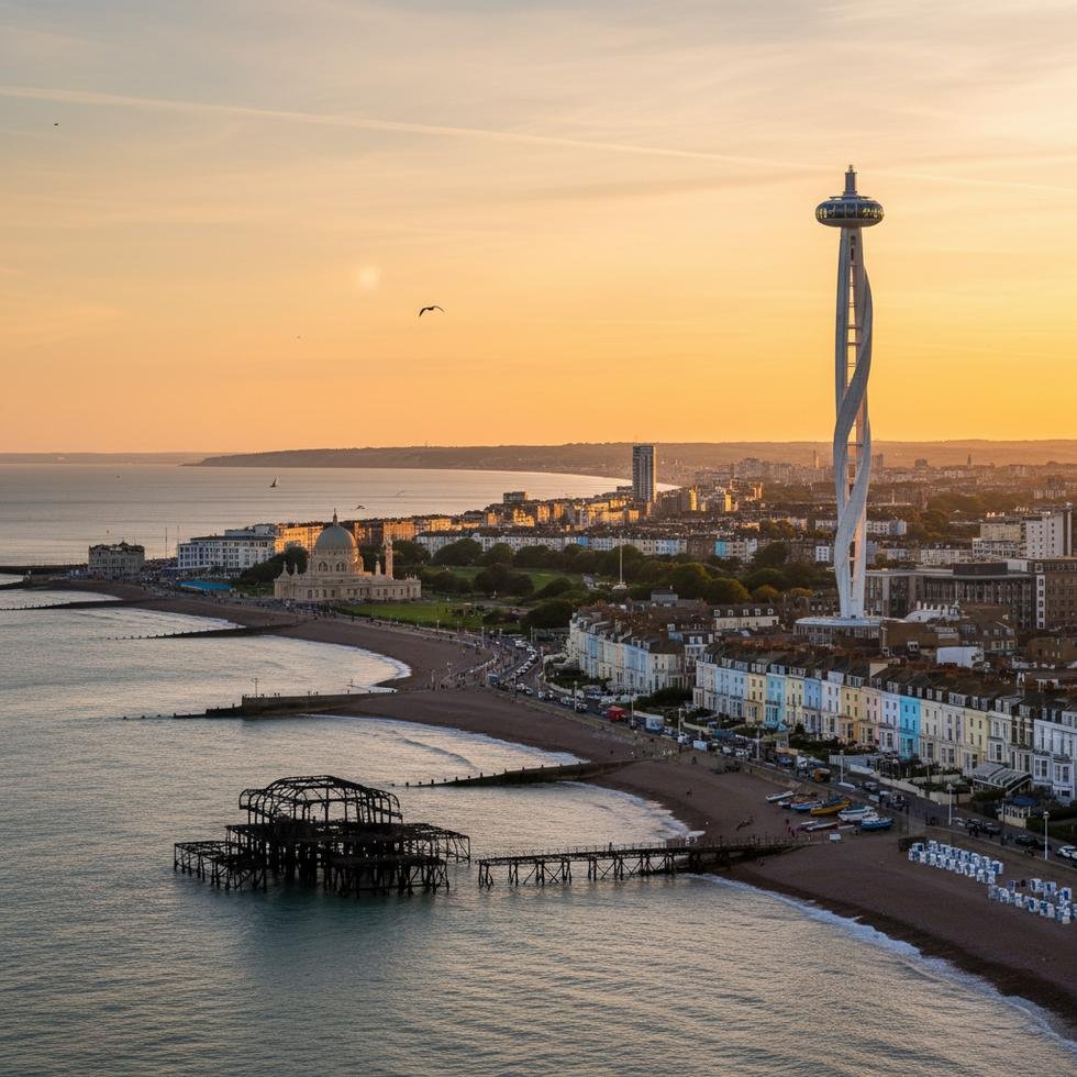 Brighton sahilinde yürüyen öğrenciler ve şehir silueti