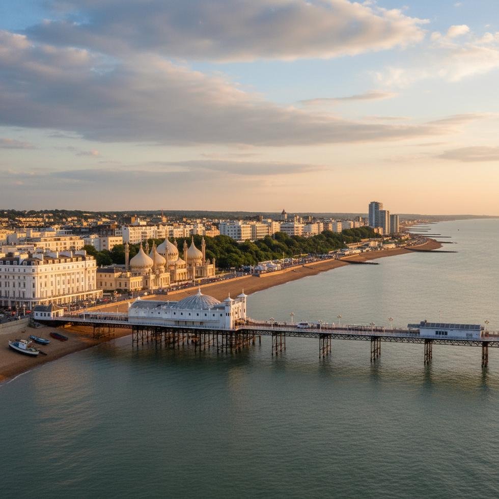 Brighton sahilinde dil okuluna giden öğrenciler