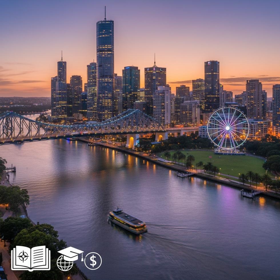 Brisbane şehrinin nehir kıyısındaki panoramik görünümü