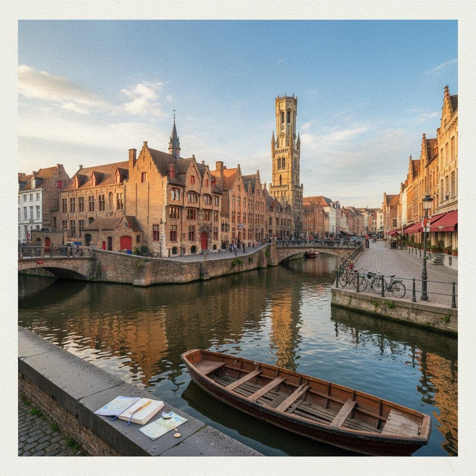 Brugge şehrinin kanalları ve tarihi taş sokaklarının genel görünümü