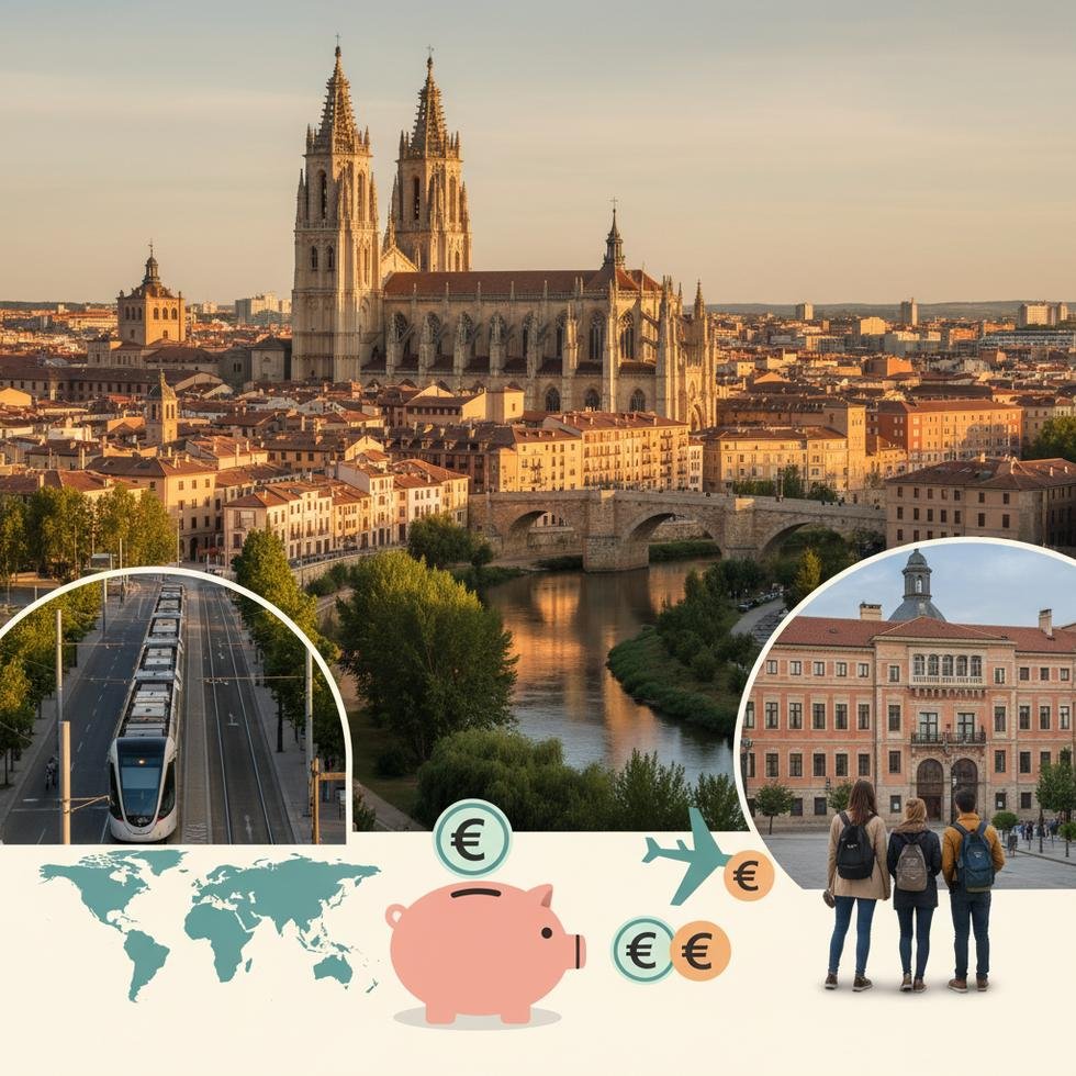 Burgos şehrinden gotik katedral ve çevresinin panoramik görünümü