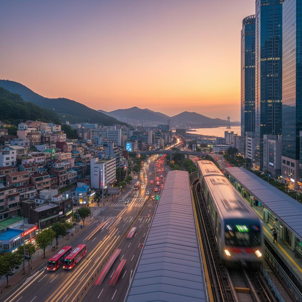 Busan şehrinde eğitim ve yaşam, sahil ve şehir görünümü