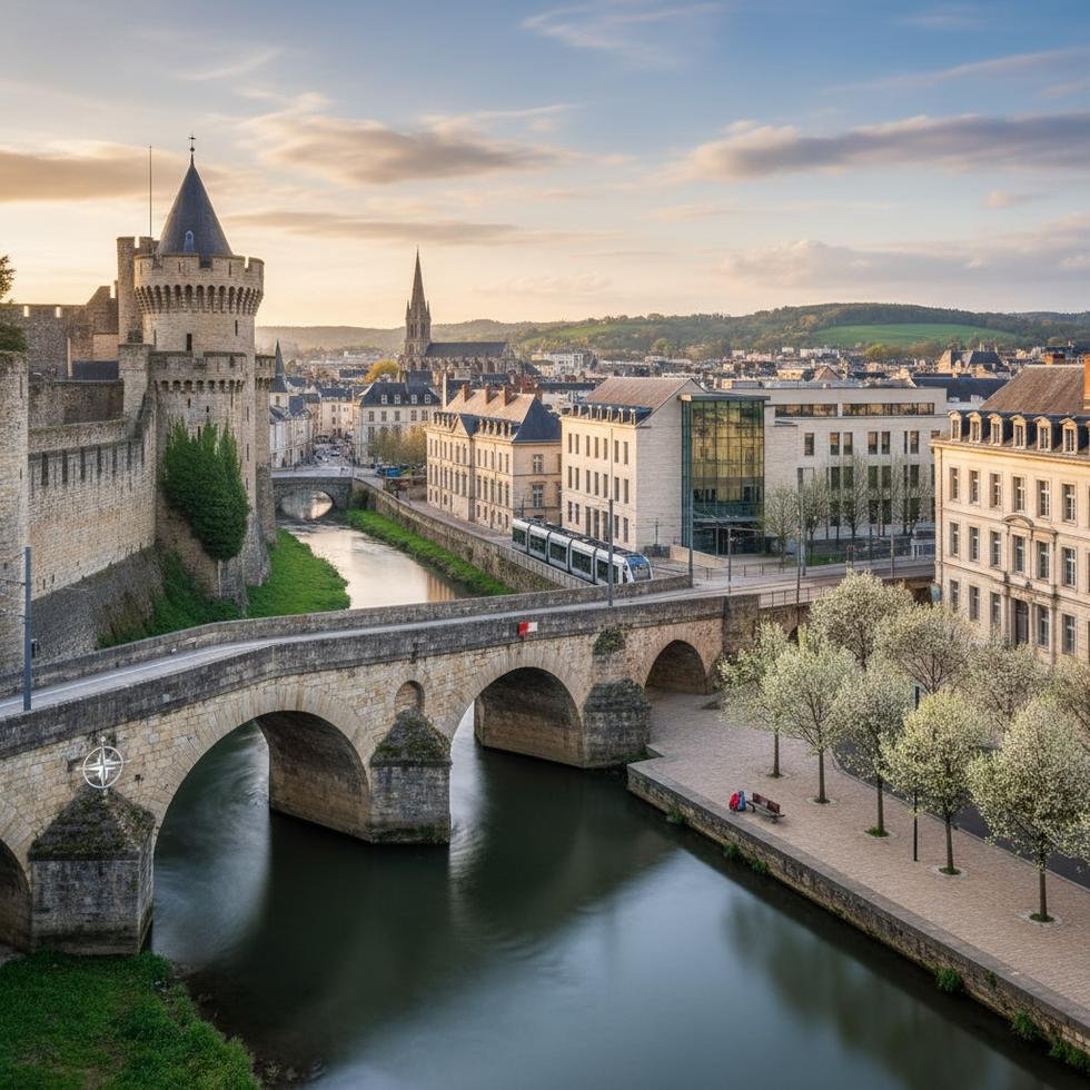 Caen şehrinin tarihi ve modern yapılarından bir görünüm