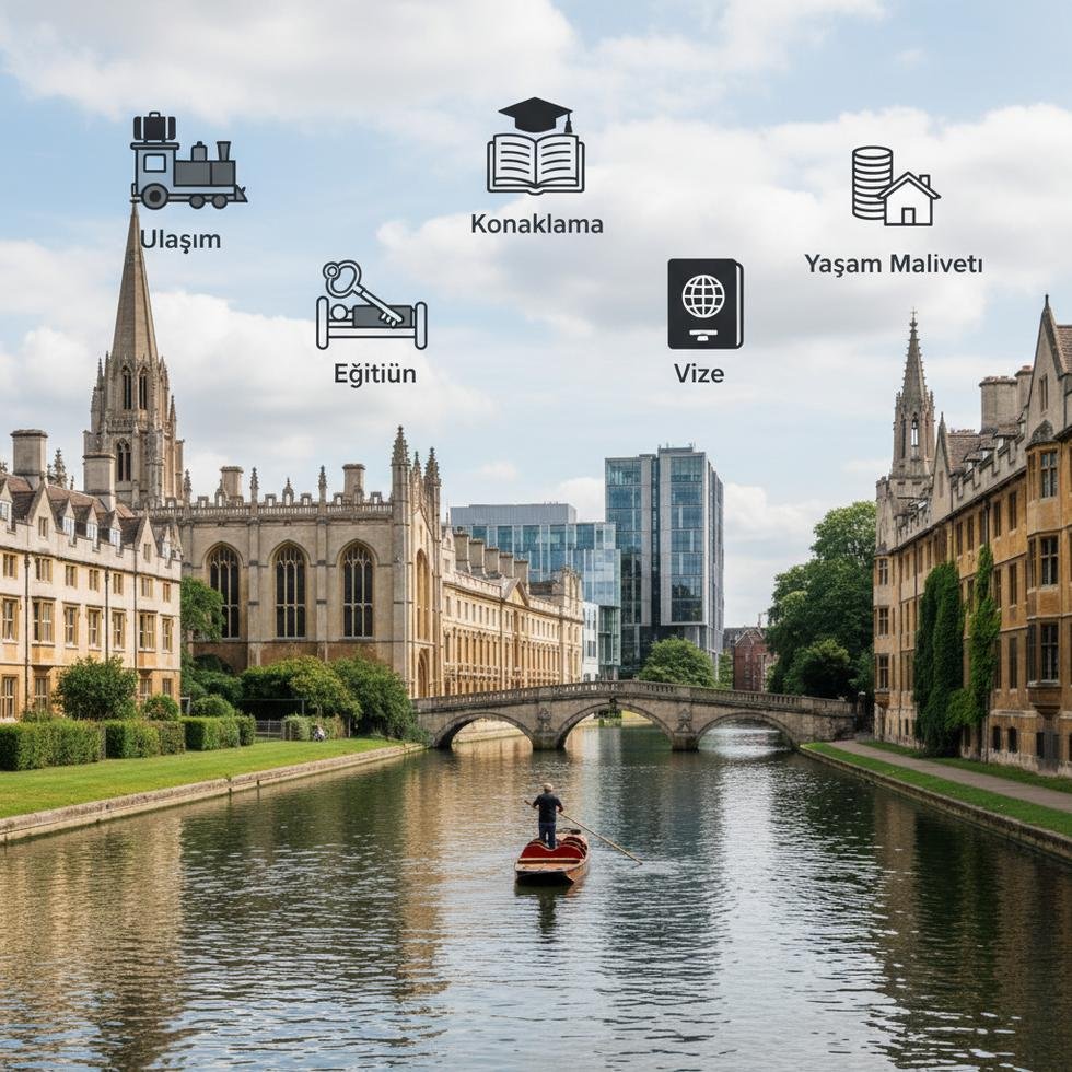 Cambridge Üniversitesi binaları ve Cam Nehri üzerindeki punt tekneleri