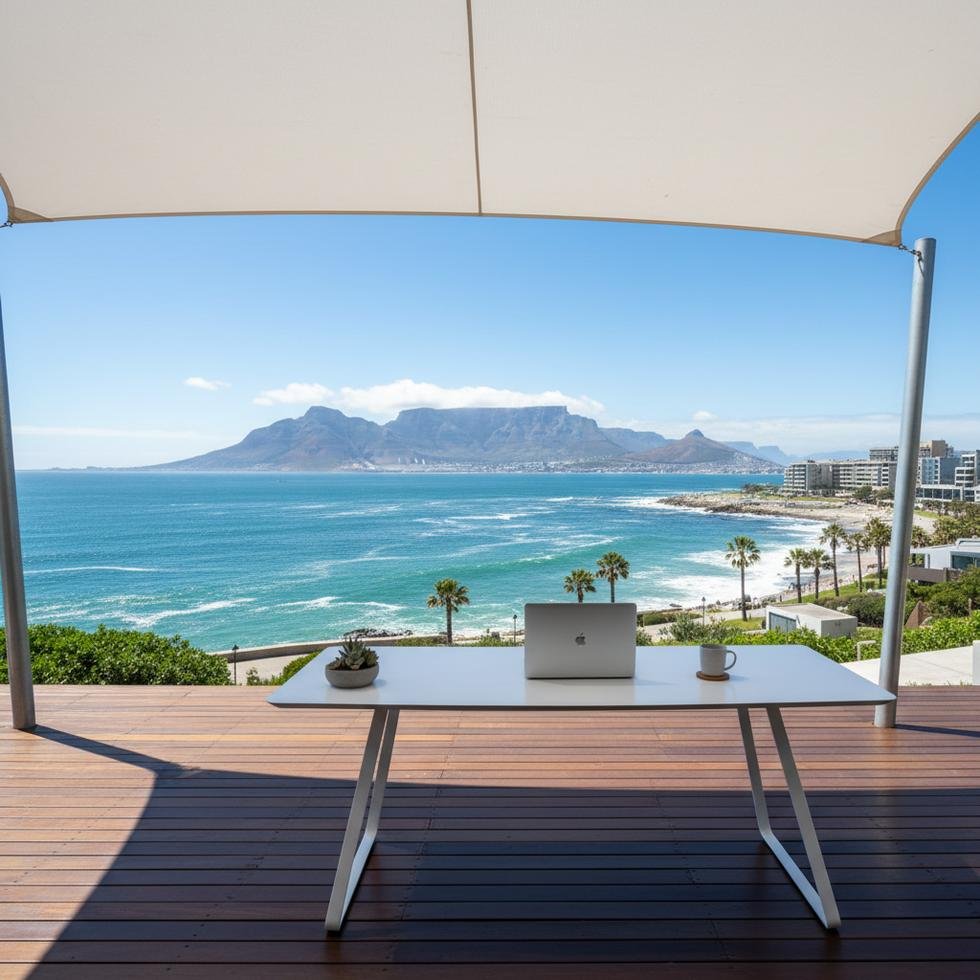 Cape Town’da dizüstü bilgisayarıyla parkta çalışan bir kişi, arka planda Masa Dağı