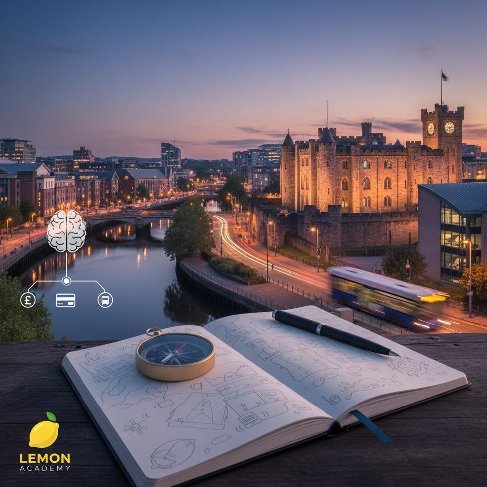 Cardiff şehrinde bir öğrenci bisikletle kampüse giderken