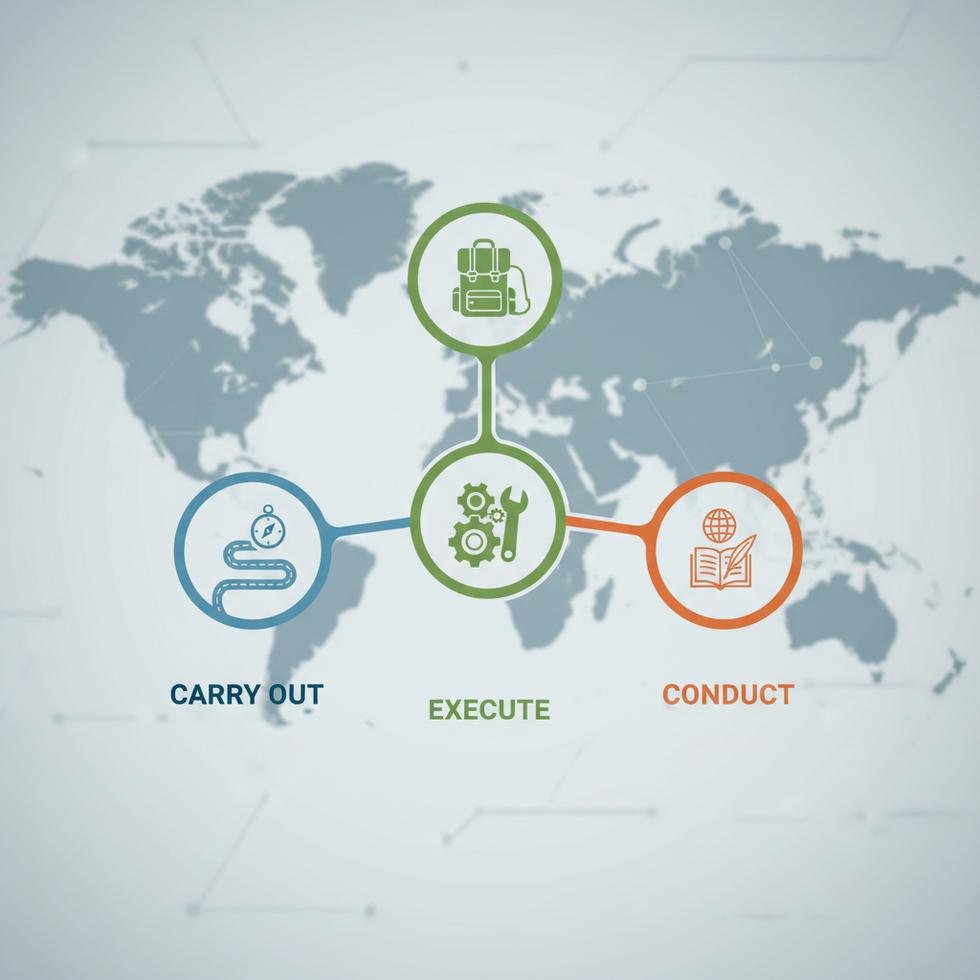 Carry out, execute ve conduct fiillerinin kullanımını anlatan eğitim görseli